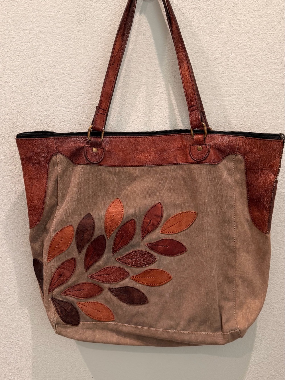 Mona B Suede Tote with Leaf Appliqué in Brown and Tan